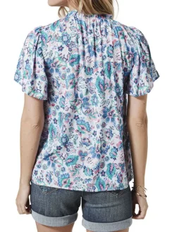 Blouse bleue imprimée de fleurs avec un col italien et des manches courtes
