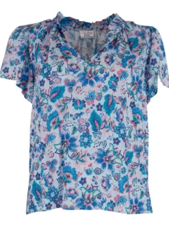 Blouse bleue imprimée de fleurs avec un col italien et des manches courtes
