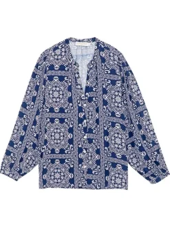 Blouse bleue marine à imprimé mosaïque avec une coupe large et un col v profond