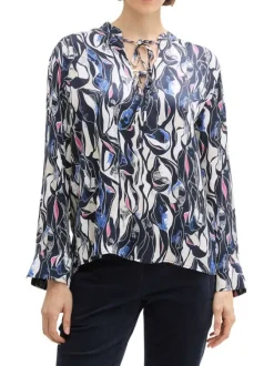 Blouse bleue à motif abstrait avec une coupe droite fluide et à manches longues