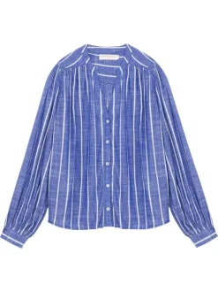 Blouse bleue rayée à coupe ample avec un col v profond et boutons nacrés