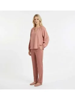 Blouse Bonnie rose unie pourvue de manches longues et d'un col tunisien