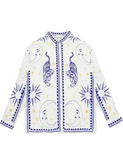 Blouse Chani blanche et bleue à motifs pourvue d'un col français