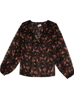 Blouse chocolat en voile fleuri avec une coupe droite et col v