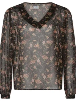 Blouse chocolat en voile fleuri avec une coupe droite et col v