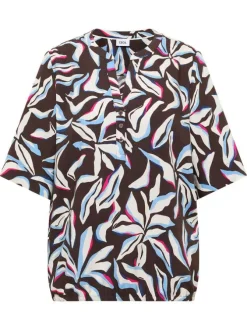 Blouse chocolat à motifs pourvue de manches courtes et d'un col tunisien