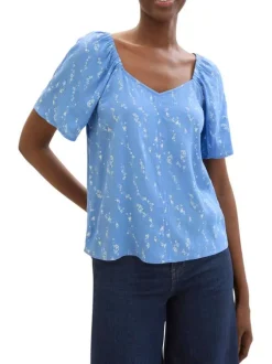 Blouse ciel imprimée coupe droite col v et à manches courtes