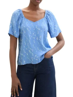 Blouse ciel imprimée coupe droite col v et à manches courtes