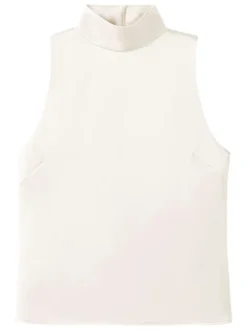 Blouse écrue en tissu satiné sans manches pourvue d'un col montant