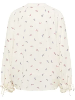 Blouse écrue ornée d'un motif fantaisie avec un col tunisien
