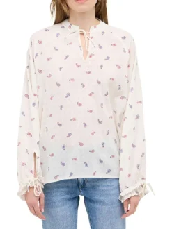Blouse écrue ornée d'un motif fantaisie avec un col tunisien