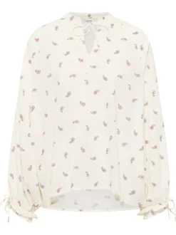 Blouse écrue ornée d'un motif fantaisie avec un col tunisien
