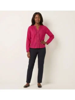 Blouse en coton biologique fuchsia unie pourvue d'un col tunisien