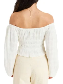 Blouse en coton blanche en maille effet gaufrée à coupe droite avec un col rond