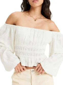 Blouse en coton blanche en maille effet gaufrée à coupe droite avec un col rond
