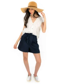 Blouse en coton blanche rayé avec une coupe droite et un col v