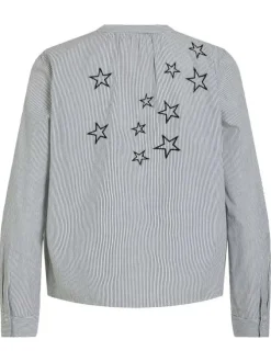 Blouse en coton blancà imprimé rayé pourvue d'un col v et de manches longues