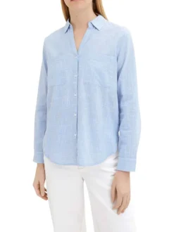 Blouse en coton bleue avec de fines rayures et un col v à revers