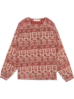 Blouse en coton brique à imprimé végétal avec une coupe large et un col rond