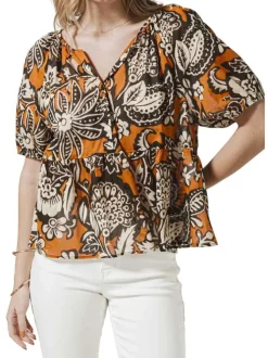 Blouse en coton camel imprimée de fleurs avec un col v et manches courtes
