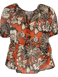 Blouse en coton camel imprimée de fleurs avec un col v et manches courtes