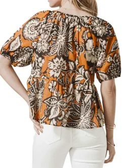 Blouse en coton camel imprimée de fleurs avec un col v et manches courtes