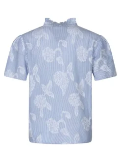 Blouse en coton ciel à rayures dotée d'une coupe droite et d'un col montant