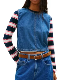 Blouse en coton indigo unie avec coupe droite et un col rond