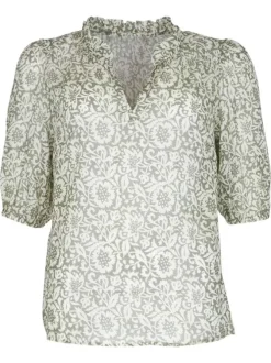 Blouse en coton kaki imprimée de feuilles avec une coupe droite et un col v