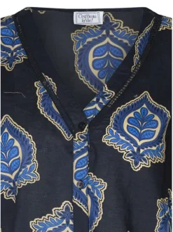 Blouse en coton marine imprimée pourvue d'une coupe ample et d'un col en V