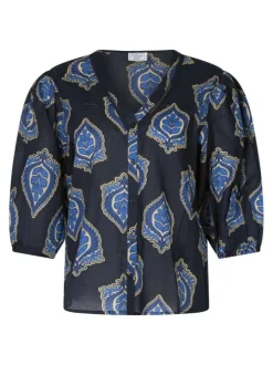 Blouse en coton marine imprimée pourvue d'une coupe ample et d'un col en V