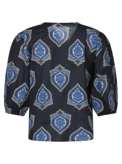 Blouse en coton marine imprimée pourvue d'une coupe ample et d'un col en V