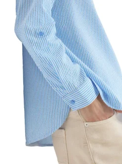 Blouse en coton mélangé bleue à rayures pourvue d'un col tunisien