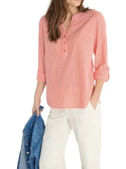 Blouse en coton mélangé orange à rayures pourvue d'un col tunisien