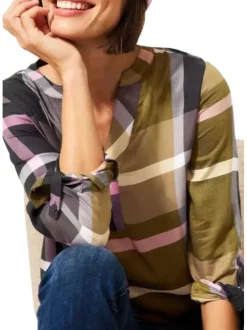 Blouse en viscose douce et chaude à motifs fantaisie, col rond fendu et à manches longues