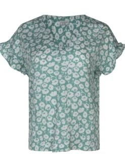 Blouse Flora ciel fleurie à coupe droite col v et à manches courtes