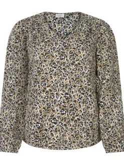 Blouse kaki à imprimé, droite avec col v et à manches longues et fils dorés