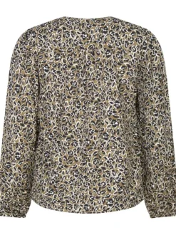 Blouse kaki à imprimé, droite avec col v et à manches longues et fils dorés
