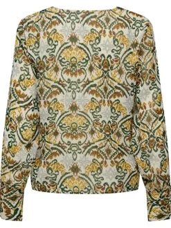 Blouse kaki imprimée coupe droite col v avec manches longues