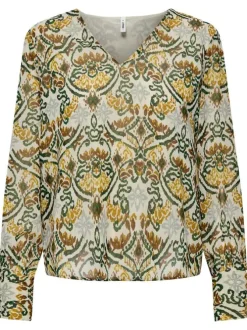 Blouse kaki imprimée coupe droite col v avec manches longues