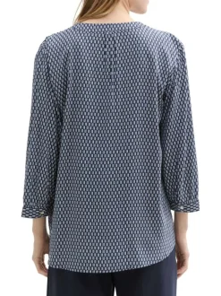 Blouse à manches 3/4 bleue marine à petits motifs géométriques et à coupe fluide