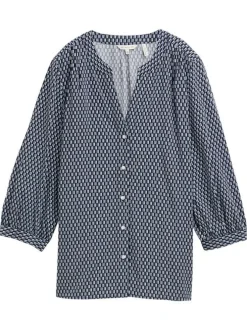 Blouse à manches 3/4 bleue marine à petits motifs géométriques et à coupe fluide