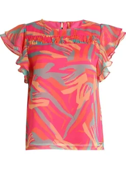 Blouse à manches courtes tricolore en voile avec un col rond et une coupe droite