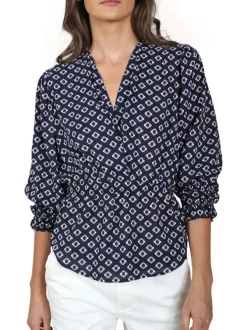 Blouse marine fantaisie coupe ample avec un col v et un imprimé losanges