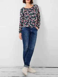Blouse marine fleurie avec une coupe droite col v et à manches longues