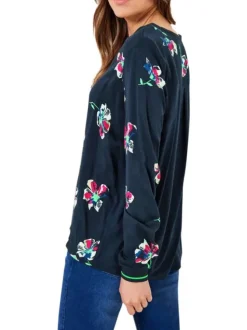 Blouse marine fleurie à col v et à manches longues avec liserés vert