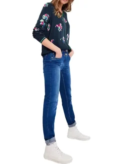 Blouse marine fleurie à col v et à manches longues avec liserés vert