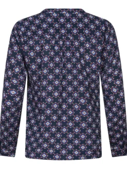 Blouse marine fleurie à coupe droite col v et à manches longues