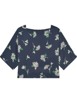 Blouse marine à motifs floraux avec une coupe ample et un col bateau
