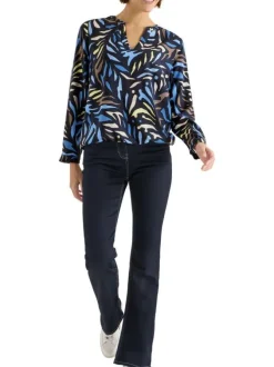 Blouse marine à motifs pourvue de manches longues et d'un col tunisien